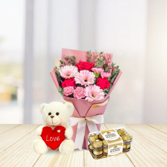 Assorted Gerbera Bunch With Teddy And Chocolate