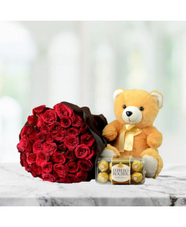 Red Rose Bunch With Teddy And Chocolate Box