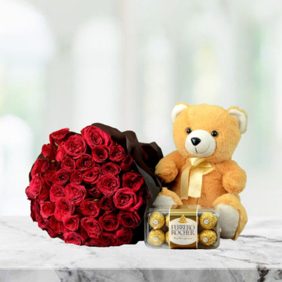 Red Rose Bunch With Teddy And Chocolate Box
