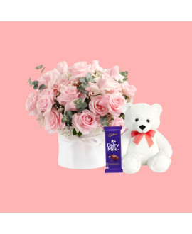 Pink Rose Flower Bunch With Teddy And Chocolate
