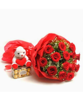 Red Rose Round Bunch With Teddy And Chocolate Box