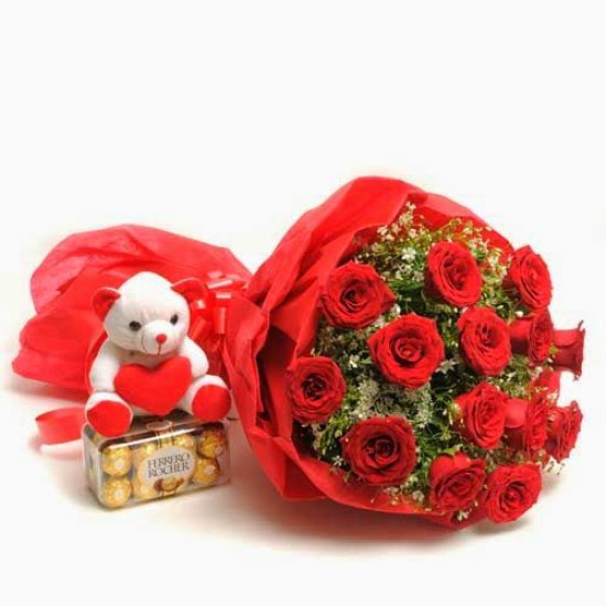 Red Rose Round Bunch With Teddy And Chocolate Box