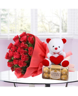 Red Rose Bunch With White Teddy And Chocolate Box