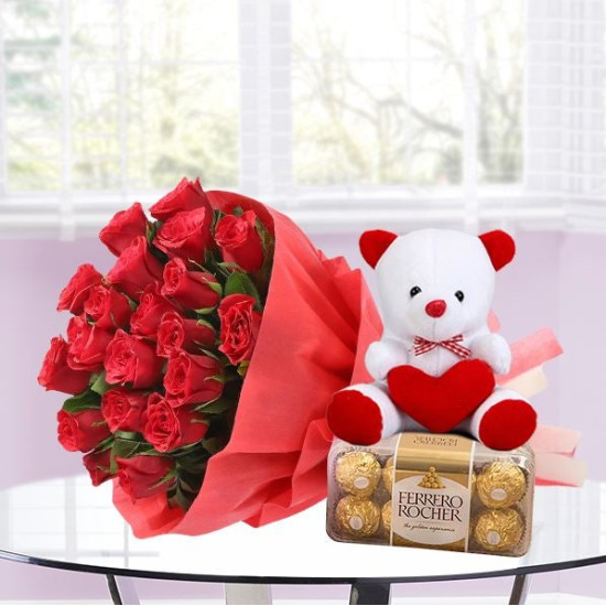 Red Rose Bunch With White Teddy And Chocolate Box