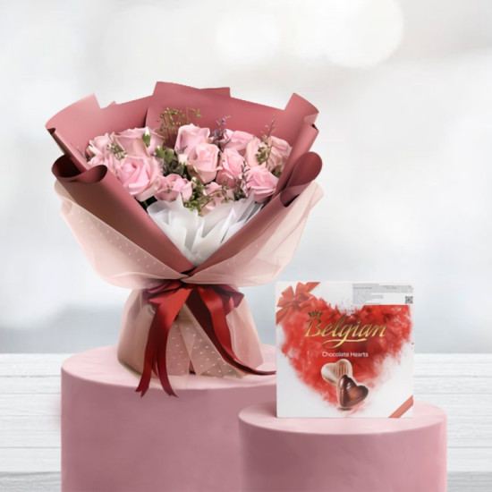 Deluxe Pink Roses With Belgian Chocolates