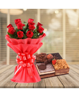 Luxury 4 In 1 Cake With Bouquet Of Red Roses