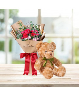 Large Teddy Bear And Flower Bunch