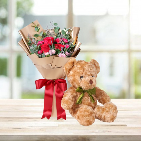 Large Teddy Bear And Flower Bunch